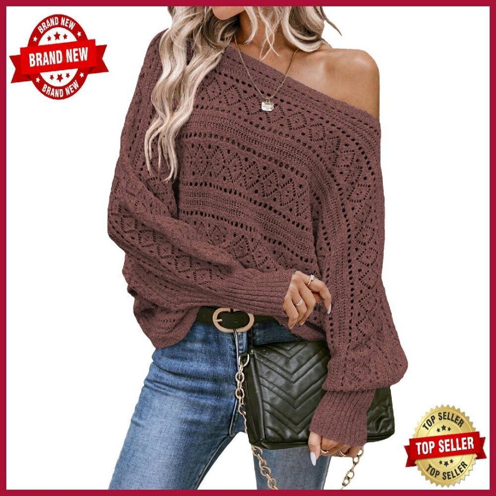 Crochet Boat Neck Long Sleeve Loose Fit Sweater Pullover Women's